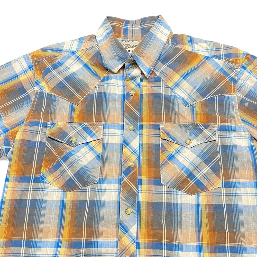 Wrangler Retro Western Mens Medium M Brown Plaid Pearl Snap Short Sleeve READ - Picture 3 of 12